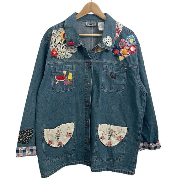 Vintage Jackets & Blazers - Vintage Handmade OOAK Denim Chore Shirt‎ Jacket XL Cottage Scottie Dog Grandma